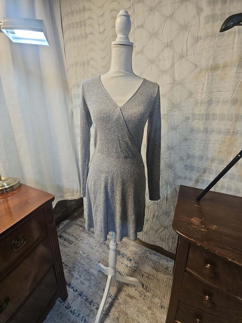 Hollister Grey Ribbed Knit V-Neck Long Sleeve Wrap Sweater Dress Size M